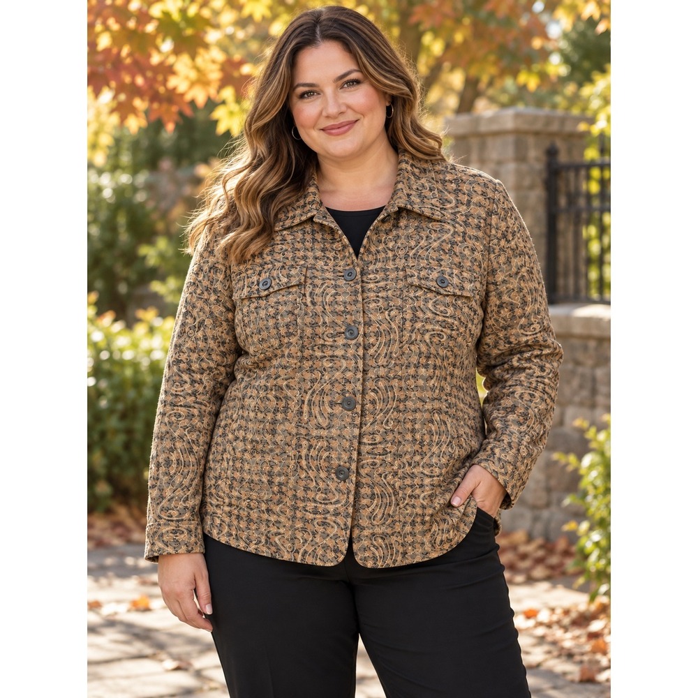Analogy Woman Paisley Jacquard Button Up Jacket Tan Black Plus Size 2X